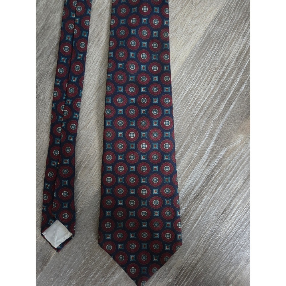 Oscar de la Renta Couture Vintage Silk Tie Navy Red Teal Medallion Geometric